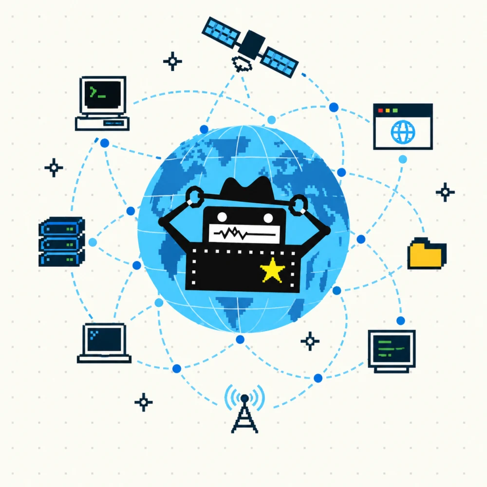 Pixel-art Ranger robot linking computers and websites around a blue globe